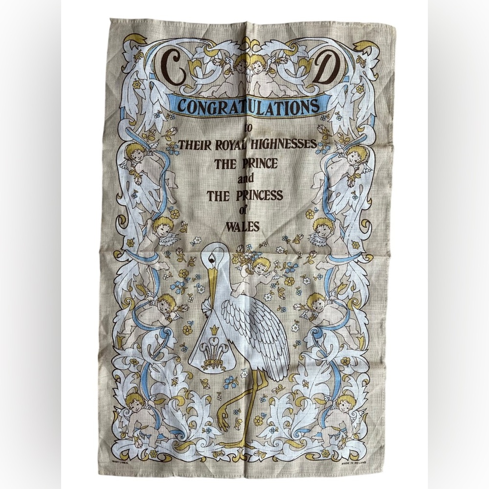 Vintage Royal Baby Stork Irish Linen Tea Towel Made in Ireland 18.5 x 29 Wales